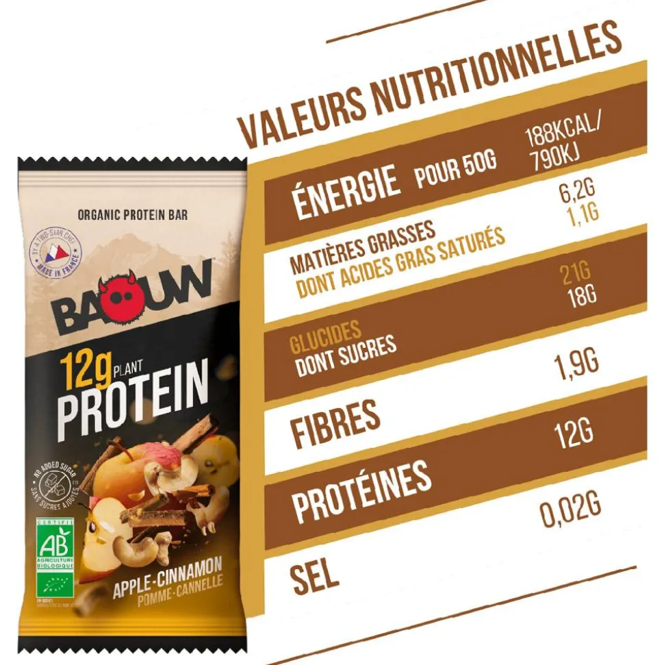 Barre Energétique Baouw Protéinée Bio 50 g. Pomme & Cannelle