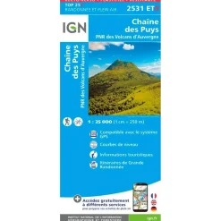 Carte IGN 2531ETR Chaine des Puys, PNR des Volcans d'Auvergne - Résistante