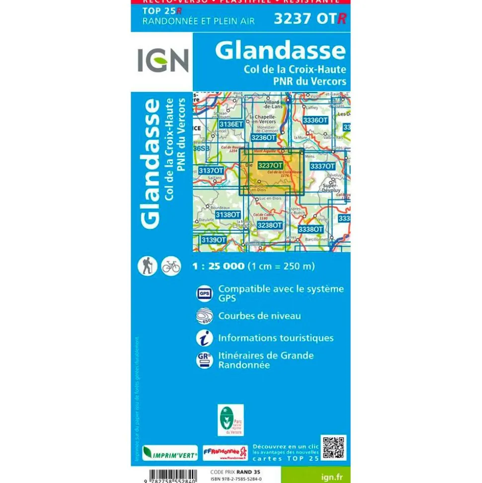 Carte IGN 3237OTR Glandasse, Col de la Croix-Haute, PNR du Vercors - Résistante