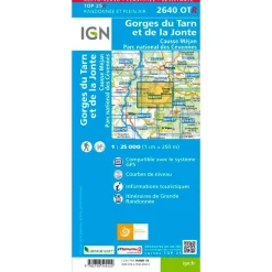 Carte IGN 2640OTR Gorges du Tarn et la Jonte, Causse Méjan, Parc national des Cévennes - Résistante